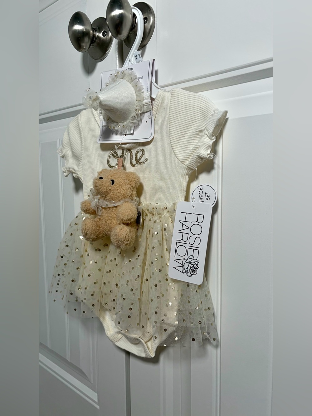 Cream 'One' Tulle Baby Dress with Teddy - Picture 5 of 7